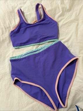 Purple Two-Piece High-Waist Swim Set with Mint and Pink Trim